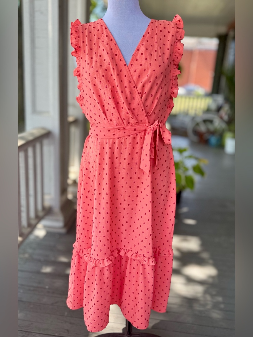 London Times Coral Pink Polka Dot Ruffle Tiered Midi Dress